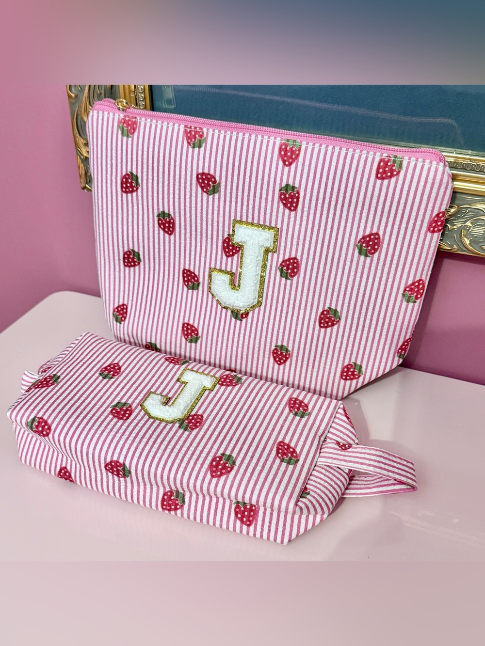 Pink Strawberry Print Linen Makeup Travel Bags-Varsity Letter J Monogram